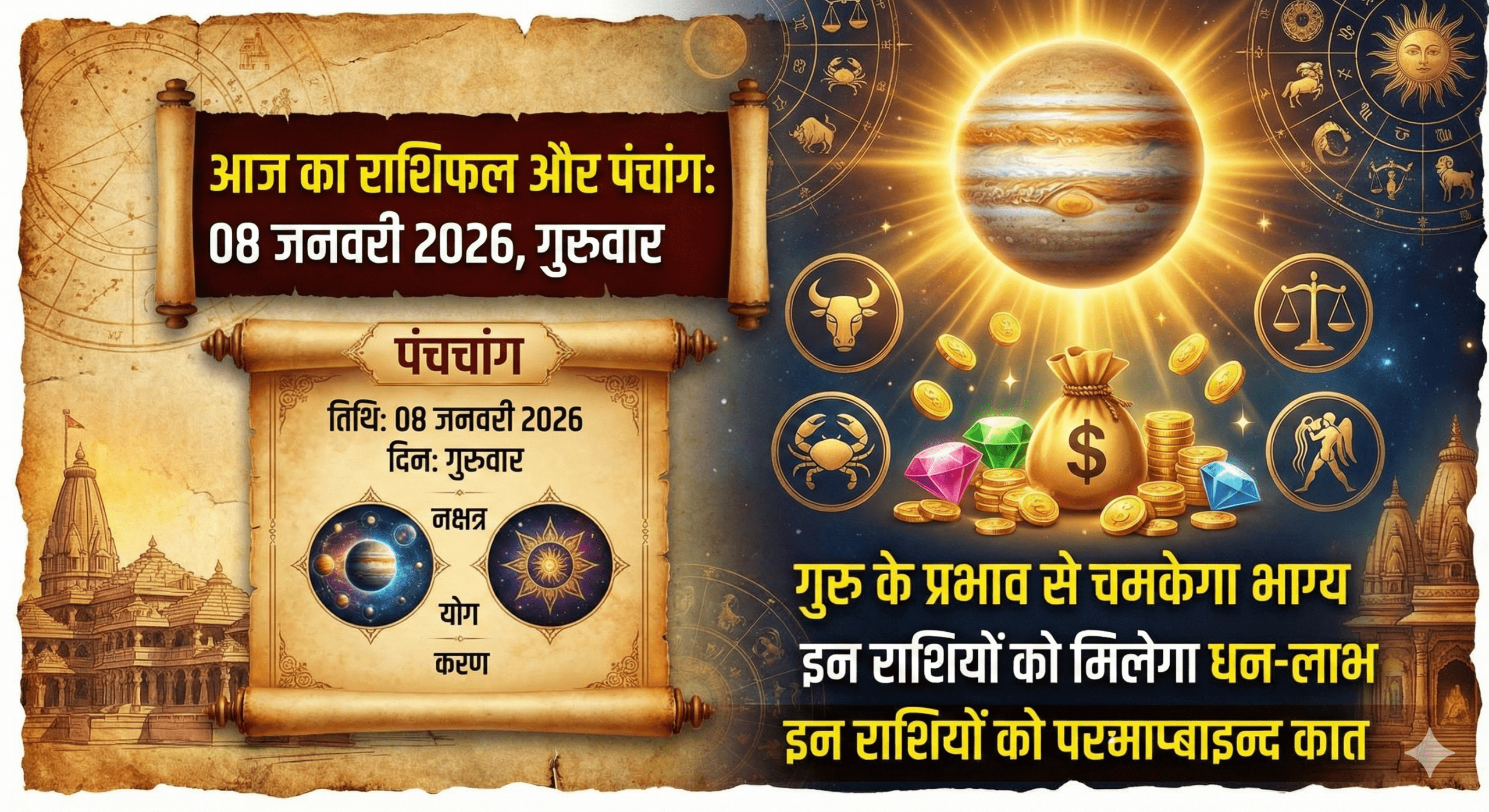 आज का राशिफल और पंचांग: 08 जनवरी 2026, गुरुवार — गुरु के प्रभाव से चमकेगा भाग्य, इन राशियों को मिलेगा धन-लाभ, जानें आज का पूरा दिन कैसा रहेगा