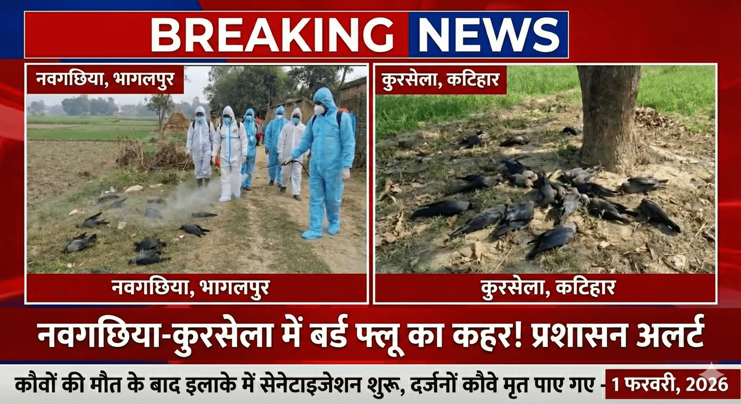 नवगछिया में बर्ड फ्लू की पुष्टि, प्रशासन अलर्ट.. कौवों की मौत के बाद इलाके में सेनेटाइजेशन, कुरसेला में भी दर्जनों कौवे मृत