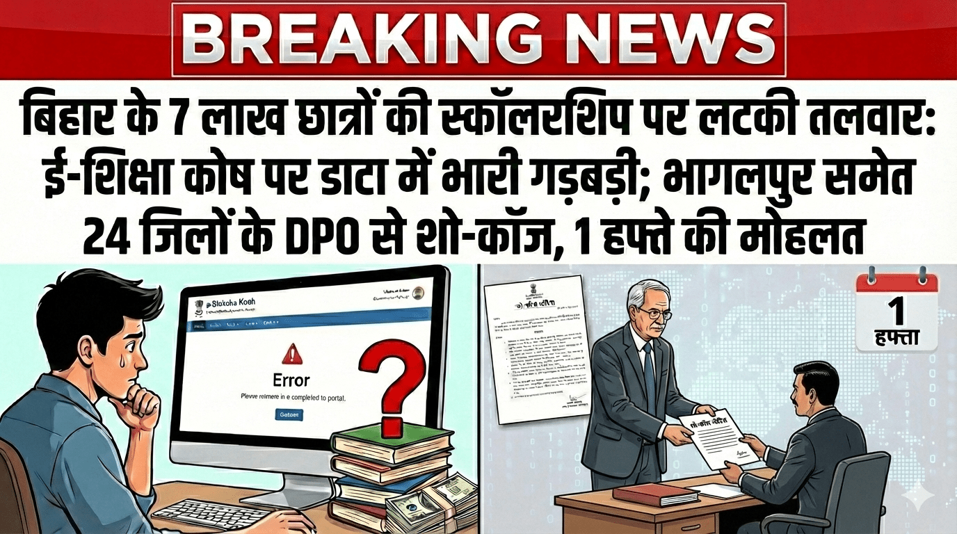 बिहार के 7 लाख छात्रों की स्कॉलरशिप पर लटकी तलवार: ई-शिक्षा कोष पर डाटा में भारी गड़बड़ी; भागलपुर समेत 24 जिलों के DPO से शो-कॉज, 1 हफ्ते की मोहलत