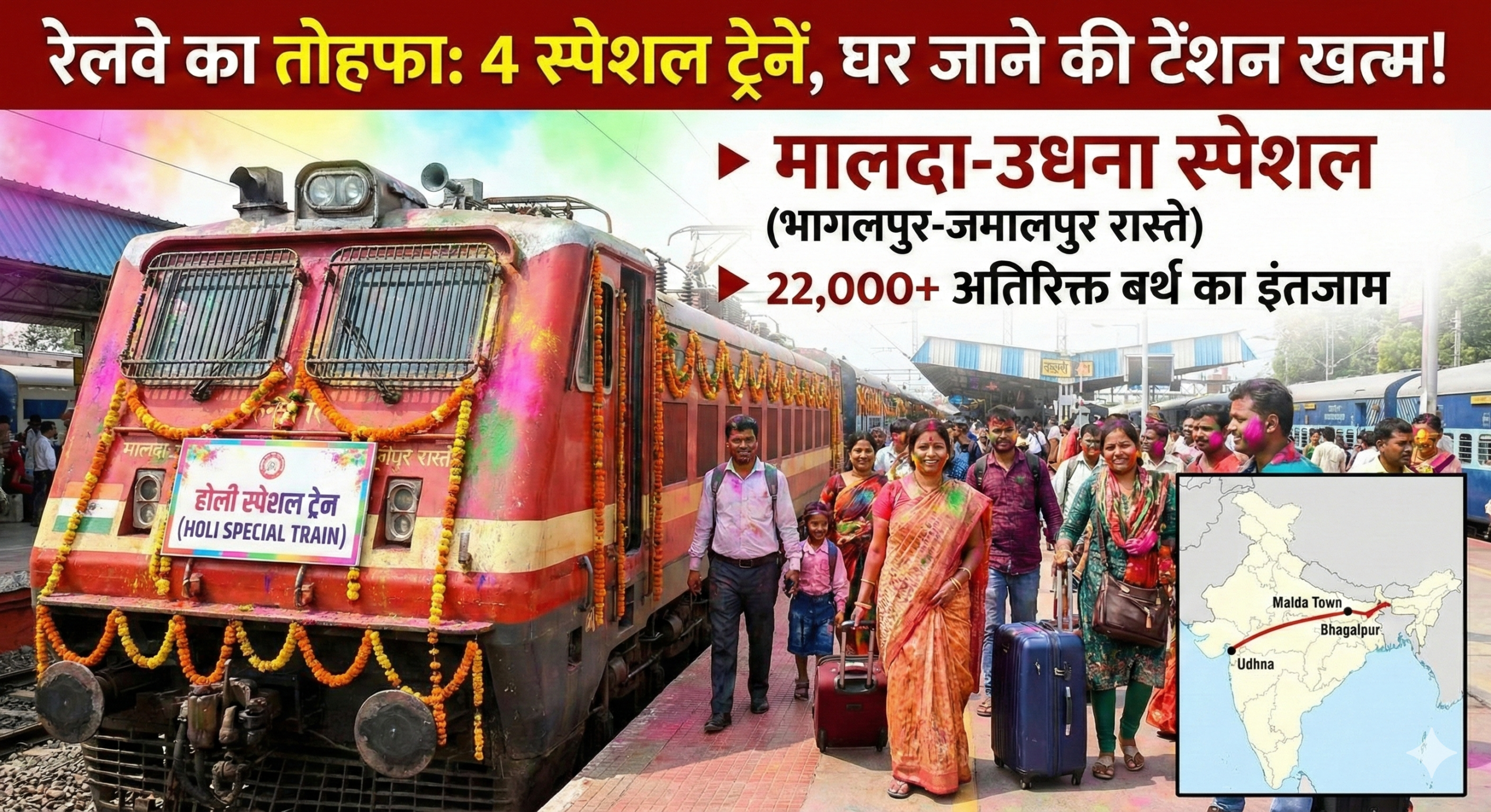 होली पर घर जाने की टेंशन खत्म; रेलवे चलाएगा 4 स्पेशल ट्रेनें, भागलपुर-जमालपुर के रास्ते चलेगी ‘मालदा-उधना’ स्पेशल, 22 हजार से ज्यादा बर्थ का इंतजाम