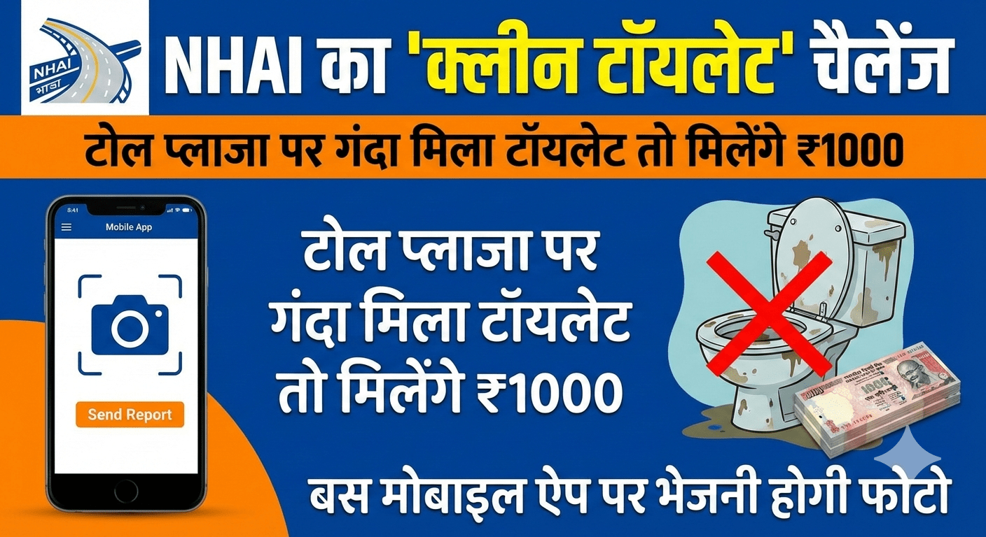 NHAI का ‘क्लीन टॉयलेट’ चैलेंज: टोल प्लाजा पर गंदा मिला टॉयलेट तो मिलेंगे ₹1000; बस मोबाइल ऐप पर भेजनी होगी फोटो