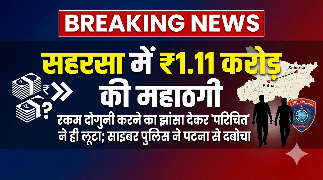 सहरसा में ₹1.11 करोड़ की महाठगी: रकम दोगुनी करने का झांसा देकर ‘परिचित’ ने ही लूटा; साइबर पुलिस ने पटना से दबोचा