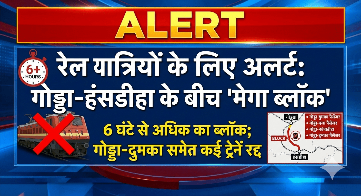 रेल यात्रियों के लिए अलर्ट: गोड्डा-हंसडीहा के बीच 6 घंटे से अधिक का ‘मेगा ब्लॉक’; गोड्डा-दुमका समेत कई ट्रेनें रद्द, देखें लिस्ट