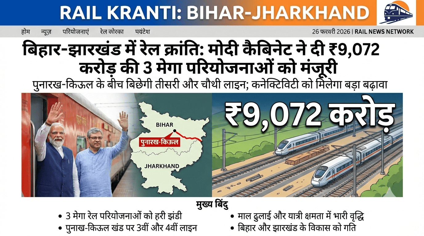 बिहार-झारखंड में रेल क्रांति: मोदी कैबिनेट ने दी ₹9,072 करोड़ की 3 मेगा परियोजनाओं को मंजूरी; पुनारख-किऊल के बीच बिछेगी तीसरी और चौथी लाइन