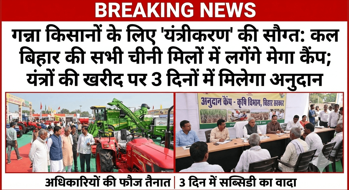 गन्ना किसानों के लिए ‘यंत्रीकरण’ की सौगात: कल बिहार की सभी चीनी मिलों में लगेंगे मेगा कैंप; यंत्रों की खरीद पर 3 दिनों में मिलेगा अनुदान, अधिकारियों की फौज तैनात
