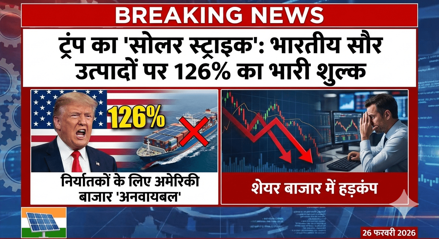 ट्रंप का ‘सोलर स्ट्राइक’: भारतीय सौर उत्पादों पर 126% का भारी शुल्क; निर्यातकों के लिए अमेरिकी बाजार हुआ ‘अनवायबल’, शेयर बाजार में हड़कंप
