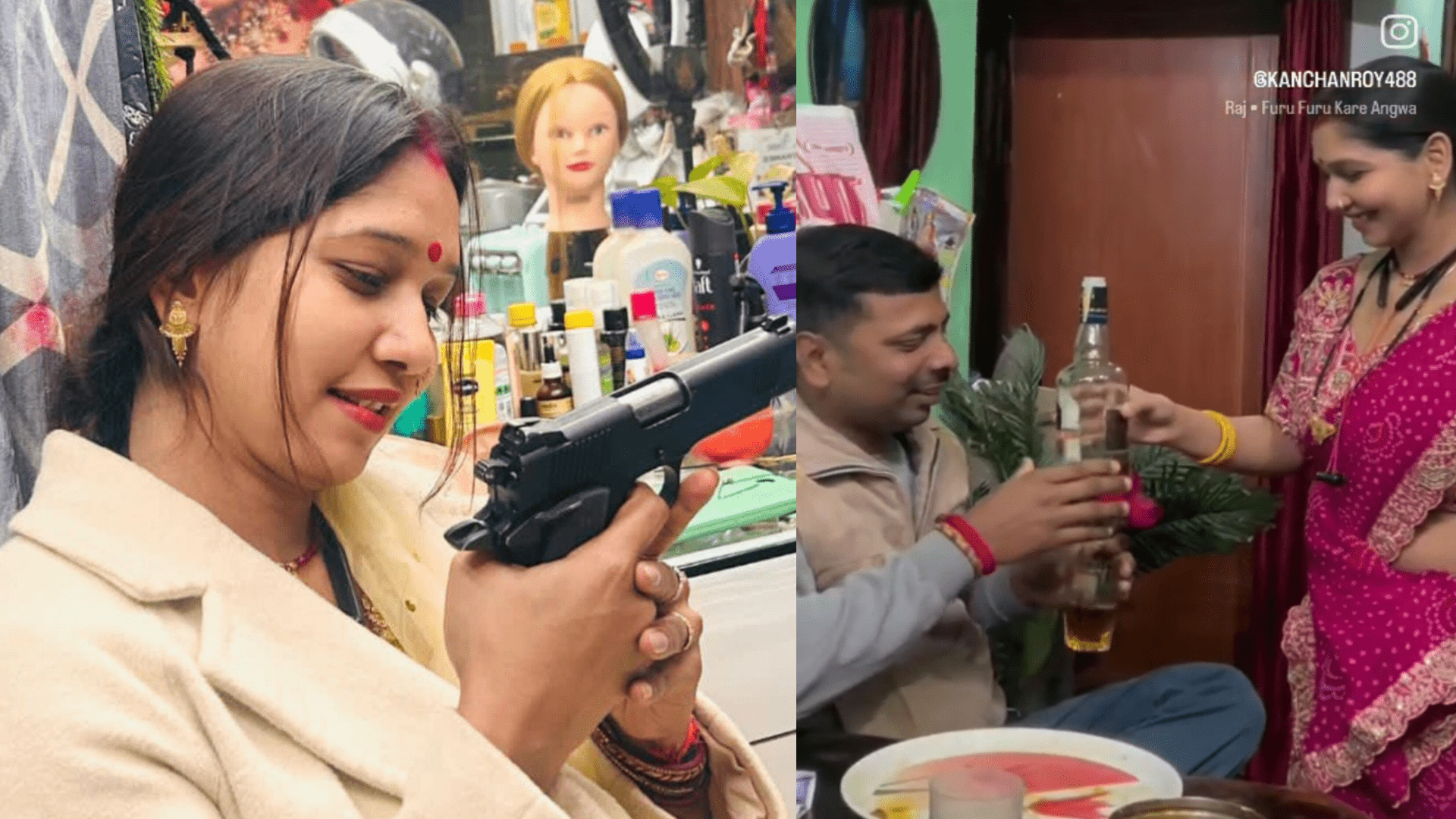 मुंगेर में ‘रोज डे’ पर पति को दिया शराब का जाम, ब्यूटी पार्लर में पिस्टल के साथ दिखाई ‘दबंगई’; रील वायरल होते ही पुलिस ने नापा