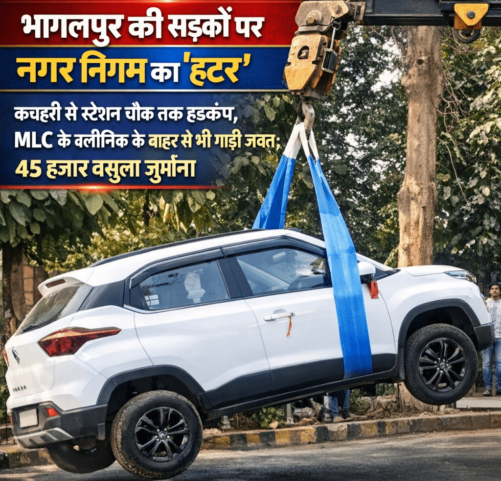 ​भागलपुर की सड़कों पर नगर निगम का ‘हंटर’: कचहरी से स्टेशन चौक तक हड़कंप, MLC के क्लीनिक के बाहर से भी गाड़ी जब्त; 45 हजार वसूला जुर्माना