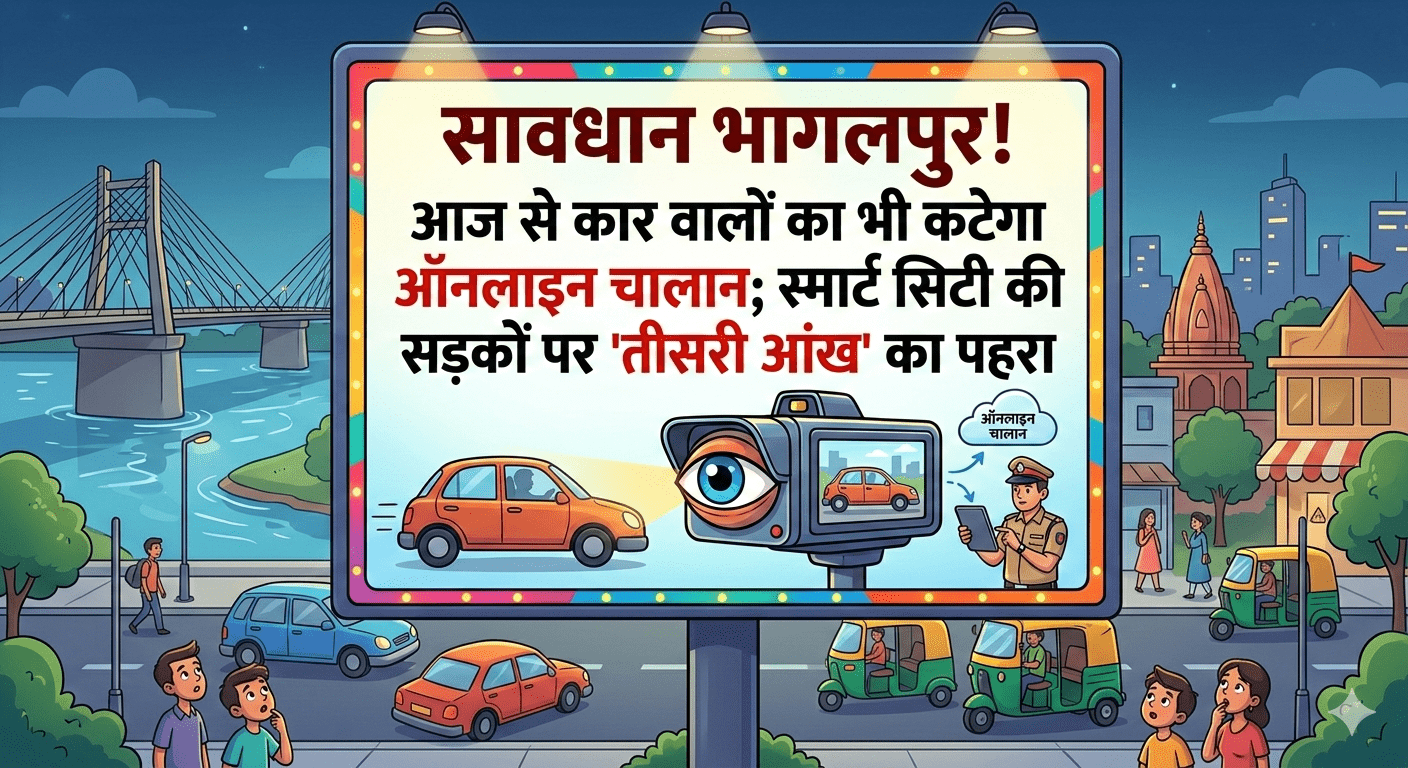 सावधान भागलपुर! आज से कार वालों का भी कटेगा ऑनलाइन चालान; स्मार्ट सिटी की सड़कों पर ‘तीसरी आंख’ का पहरा, सीट बेल्ट और मोबाइल पर भारी जुर्माना