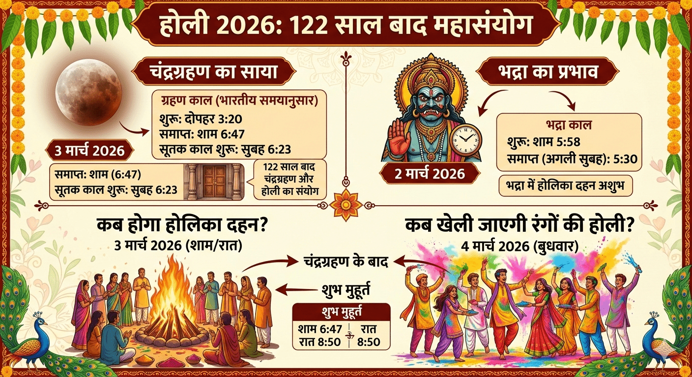 होली 2026 पर 122 साल बाद चंद्रग्रहण और भद्रा का साया; जानें कब होगा होलिका दहन और कब खेली जाएगी रंगों की होली