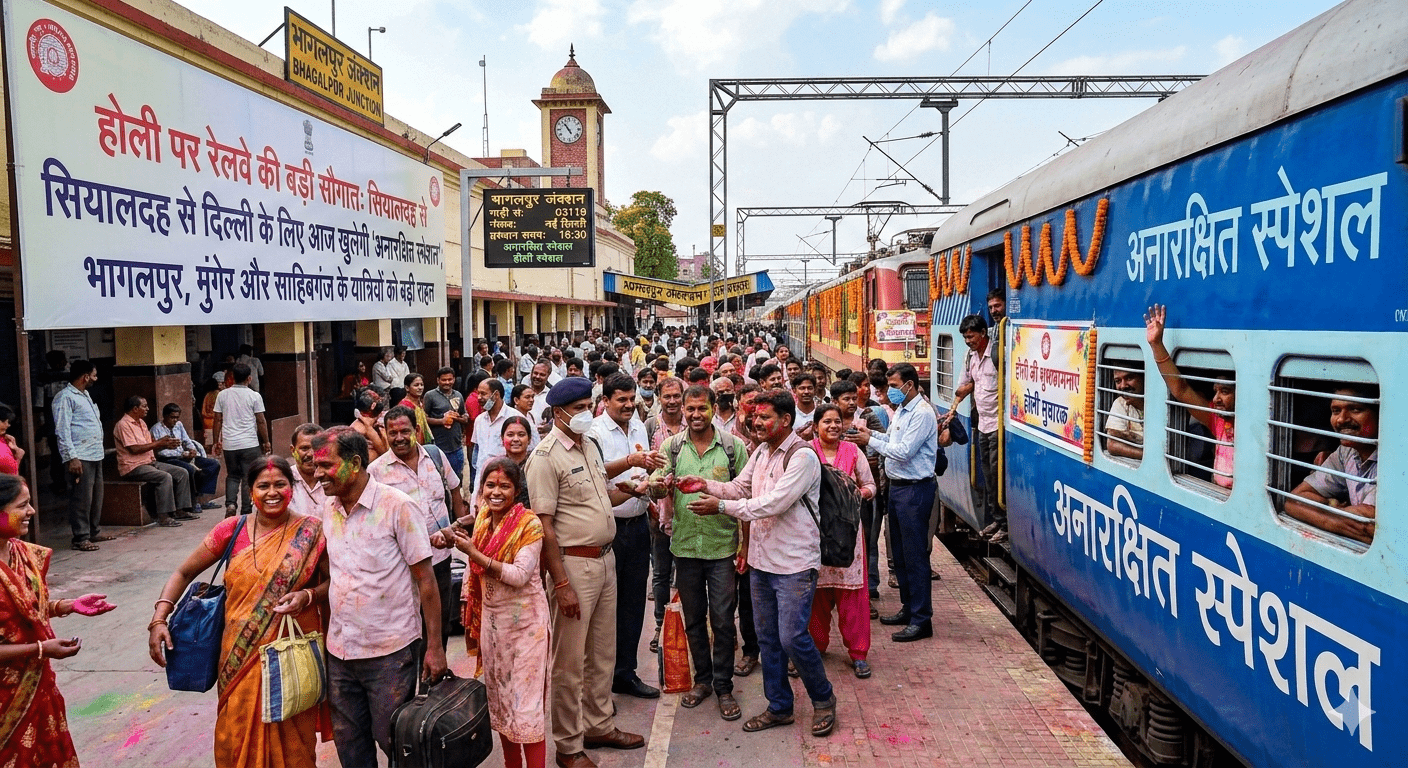 होली पर रेलवे की बड़ी सौगात: सियालदह से दिल्ली के लिए आज खुलेगी ‘अनारक्षित स्पेशल’; भागलपुर, मुंगेर और साहिबगंज के यात्रियों को बड़ी राहत