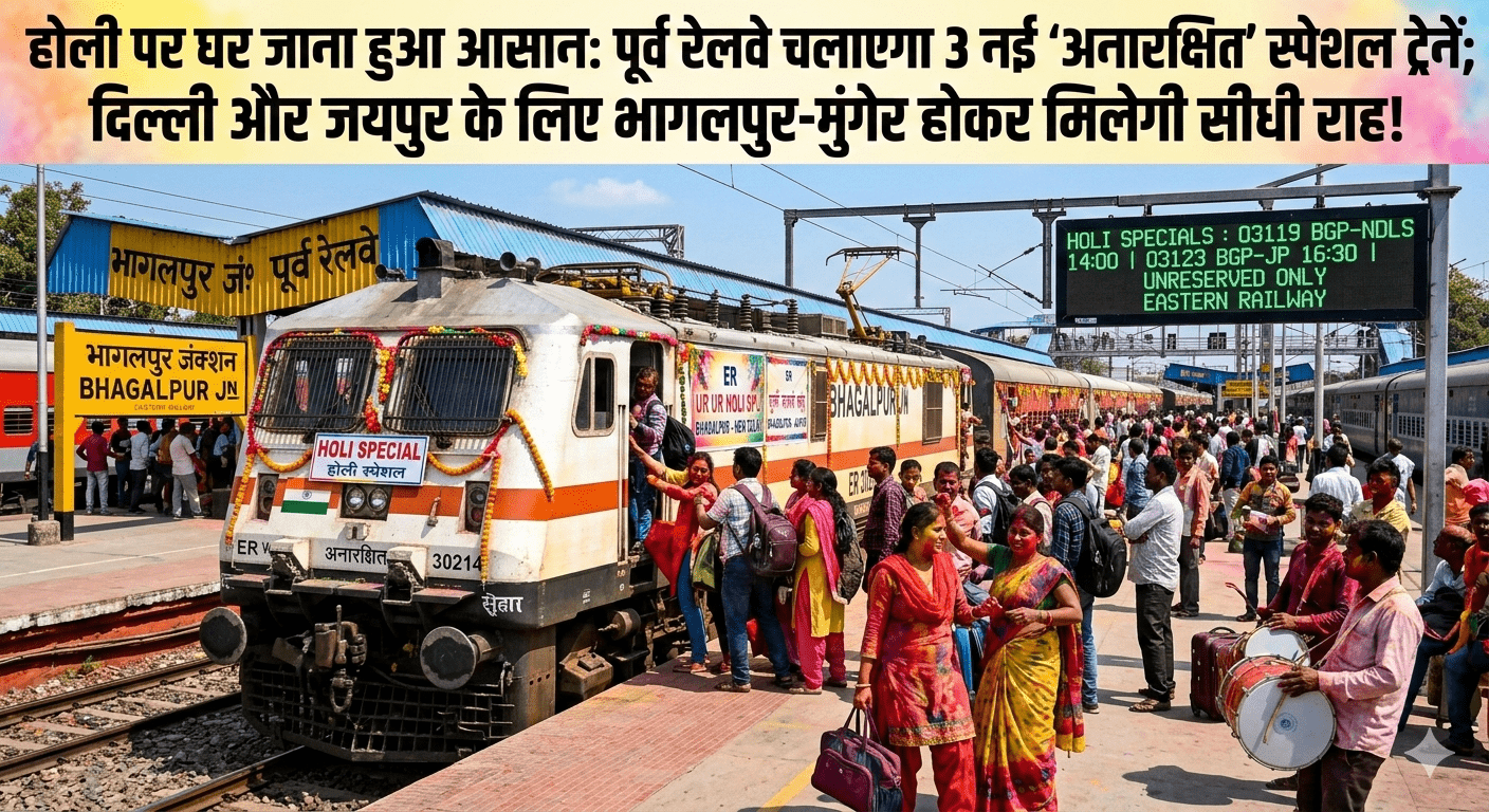 होली पर घर जाना हुआ आसान: पूर्व रेलवे चलाएगा 3 नई ‘अनारक्षित’ स्पेशल ट्रेनें; दिल्ली और जयपुर के लिए भागलपुर-मुंगेर होकर मिलेगी सीधी राह