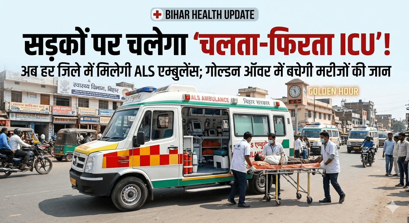 ​Bihar Health Update: सड़कों पर चलेगा ‘चलता-फिरता ICU’! अब हर जिले में मिलेगी ALS एम्बुलेंस; गोल्डन ऑवर में बचेगी मरीजों की जान