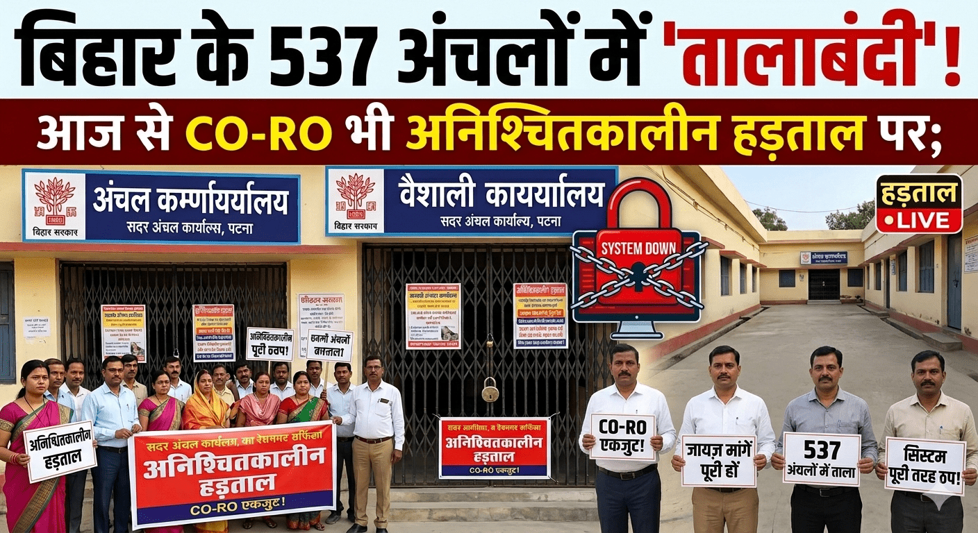 बिहार के 537 अंचलों में ‘तालाबंदी’! आज से CO-RO भी अनिश्चितकालीन हड़ताल पर; कर्मचारी पहले से ही थे बाहर, अब पूरी तरह ‘सिस्टम डाउन’