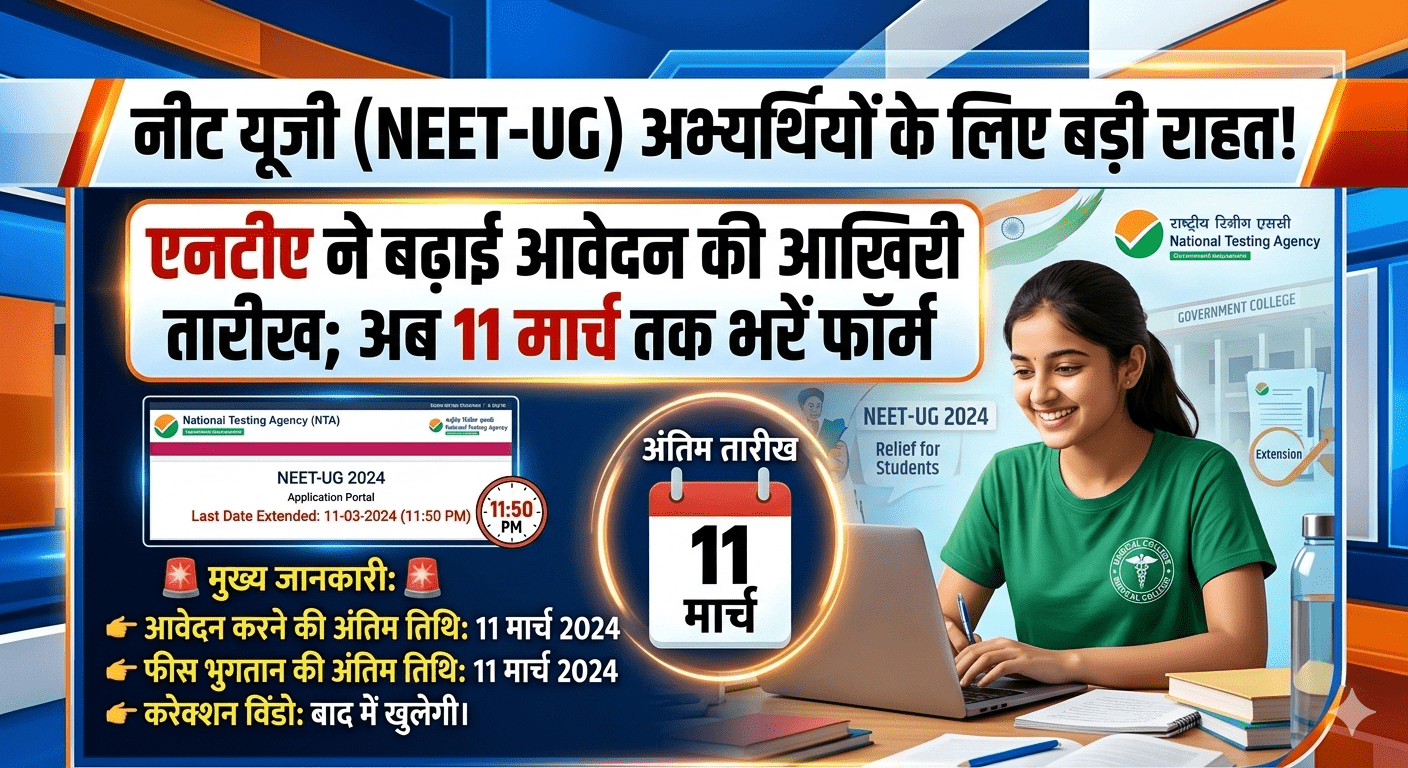 नीट यूजी (NEET-UG) अभ्यर्थियों के लिए बड़ी राहत! एनटीए ने बढ़ाई आवेदन की आखिरी तारीख; अब 11 मार्च तक भरें फॉर्म