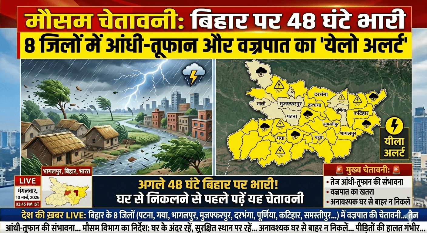 अगले 48 घंटे बिहार पर भारी! 8 जिलों में आंधी-तूफान और वज्रपात का ‘येलो अलर्ट’; घर से निकलने से पहले पढ़ें यह चेतावनी
