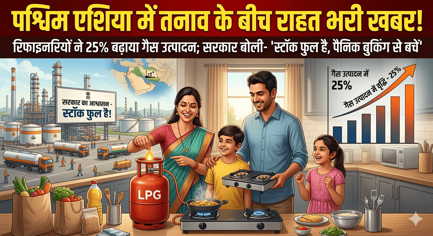 पश्चिम एशिया में तनाव के बीच राहत भरी खबर! रिफाइनरियों ने 25% बढ़ाया गैस उत्पादन; सरकार बोली- “स्टॉक फुल है, पैनिक बुकिंग से बचें”