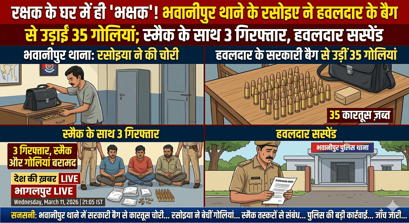 रक्षक के घर में ही ‘भक्षक’! भवानीपुर थाने के रसोइए ने हवलदार के बैग से उड़ाईं 35 गोलियां; स्मैक के साथ 3 गिरफ्तार, हवलदार सस्पेंड