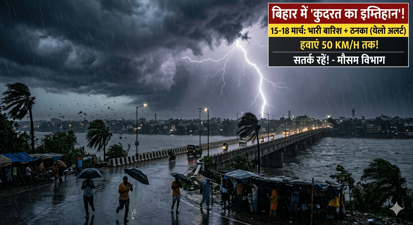 बिहार में अगले 4 दिन ‘कुदरत का इम्तिहान’! 15-18 मार्च तक भारी बारिश और ठनका का येलो अलर्ट; 50 KM की रफ्तार से चलेंगी हवाएं