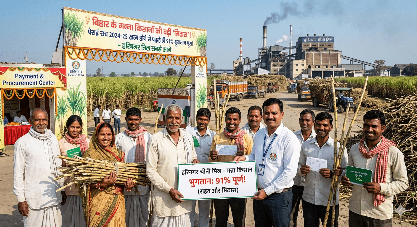 बिहार के गन्ना किसानों की बढ़ी ‘मिठास’! पेराई सत्र खत्म होने से पहले ही 91% भुगतान पूरा; हरिनगर मिल खरीदारी में सबसे आगे