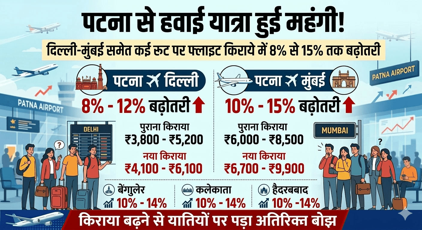 पटना से हवाई यात्रा हुई महंगी: दिल्ली-मुंबई समेत कई रूट पर फ्लाइट किराये में 8–15% तक बढ़ोतरी