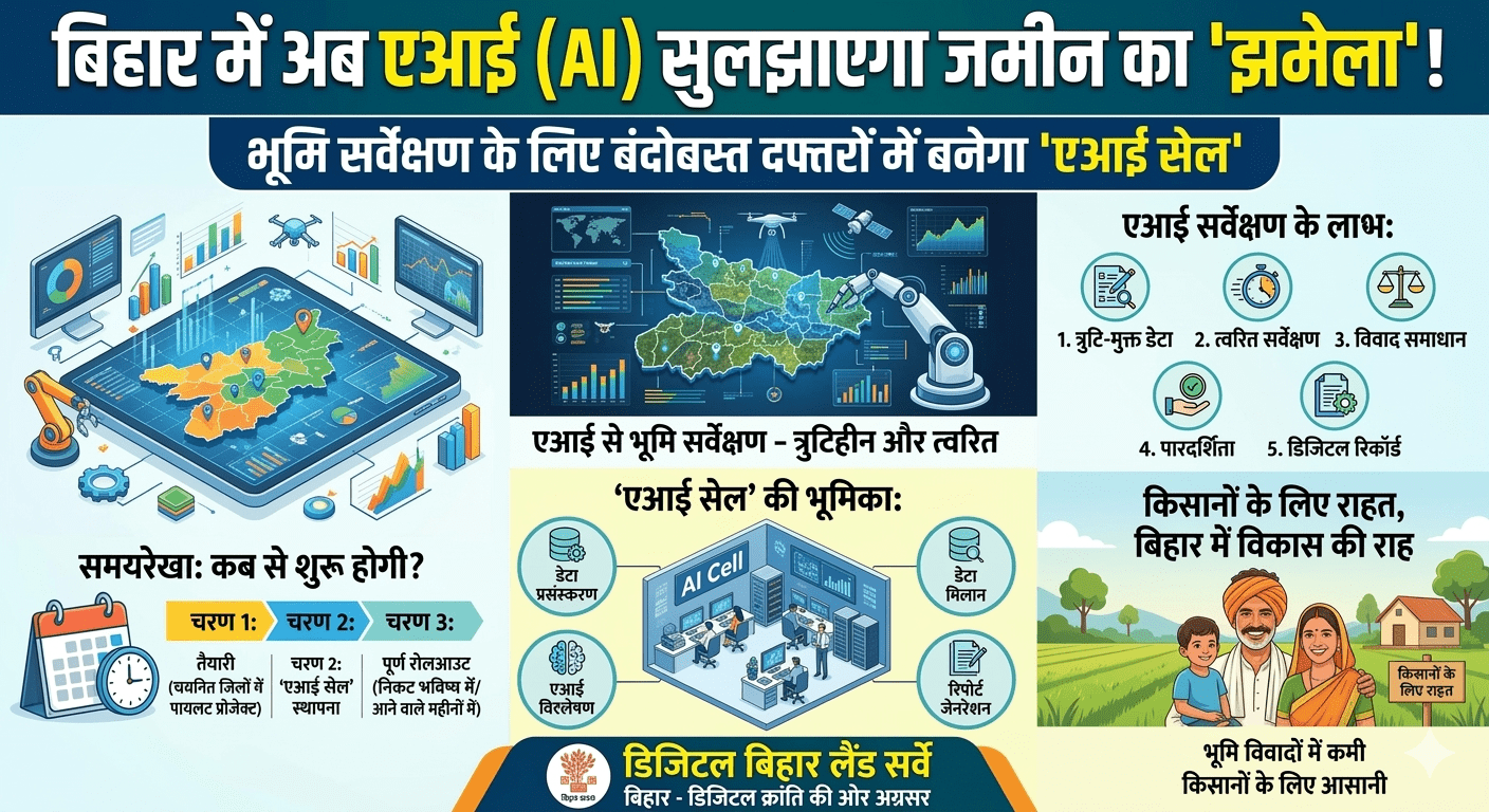 बिहार में अब एआई (AI) सुलझाएगा जमीन का ‘झमेला’! भूमि सर्वेक्षण के लिए बंदोबस्त दफ्तरों में बनेगा ‘एआई सेल’; जानें कब से शुरू होगी हाई-टेक व्यवस्था