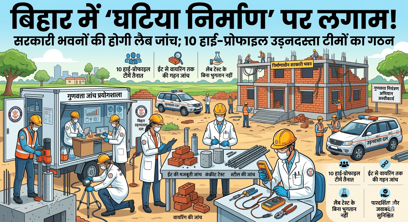 बिहार में सरकारी भवनों के ‘घटिया निर्माण’ पर लगाम! 10 हाई-प्रोफाइल उड़नदस्ता टीमों का गठन; ईंट से लेकर वायरिंग तक की होगी लैब जांच