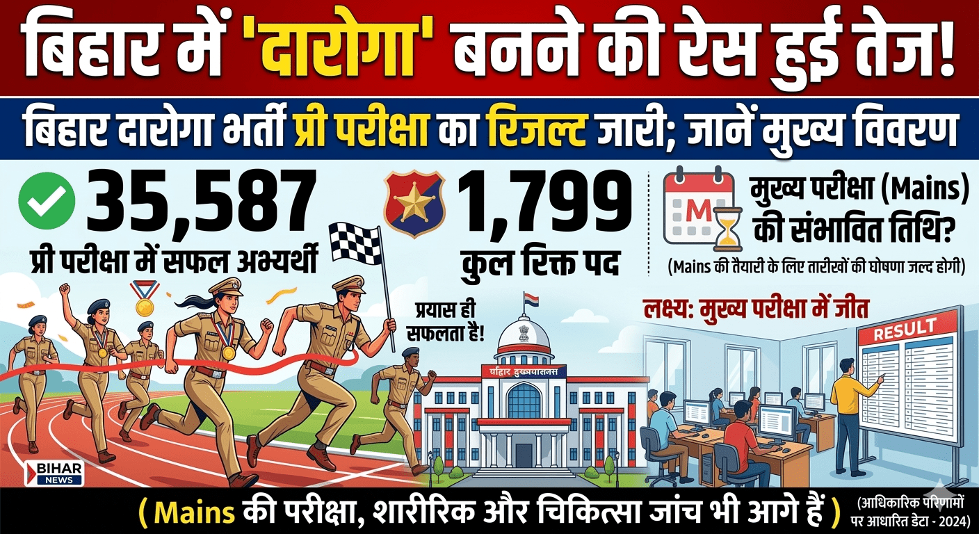 बिहार में ‘दारोगा’ बनने की रेस हुई तेज! प्री परीक्षा का रिजल्ट जारी; 1799 पदों के लिए 35,587 अभ्यर्थी सफल, जानें कब होगी मुख्य परीक्षा
