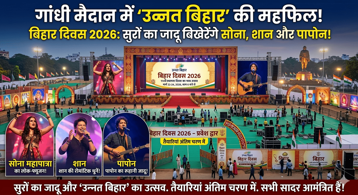 पटना के गांधी मैदान में सजेगी ‘उन्नत बिहार’ की महफिल! सोना महापात्रा, शान और पापोन बिखेरेंगे सुरों का जादू; बिहार दिवस 2026 की तैयारियां अंतिम चरण में