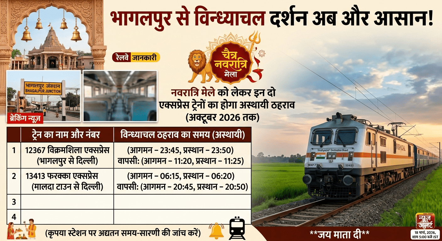 भागलपुर से विन्ध्याचल दर्शन अब और आसान! नवरात्रि मेले को लेकर इन दो एक्सप्रेस ट्रेनों का होगा अस्थायी ठहराव; देखें पूरा टाइम-टेबल