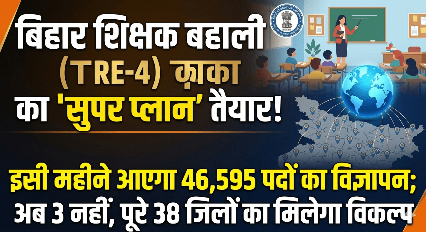 बिहार शिक्षक बहाली (TRE-4) का ‘सुपर प्लान’ तैयार! इसी महीने आएगा 46,595 पदों का विज्ञापन; अब 3 नहीं, पूरे 38 जिलों का मिलेगा विकल्प