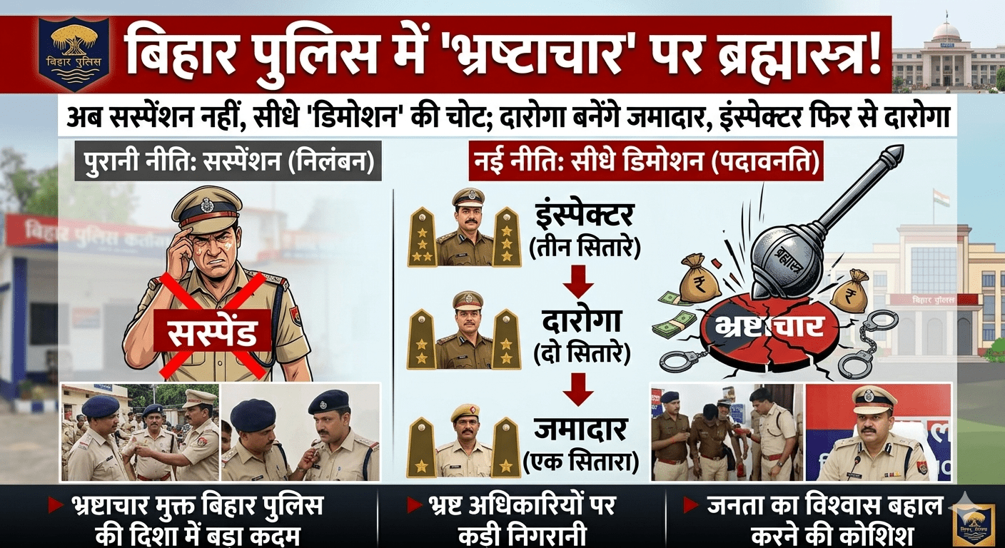 बिहार पुलिस में ‘भ्रष्टाचार’ पर ब्रह्मास्त्र! अब सस्पेंशन नहीं, सीधे ‘डिमोशन’ की चोट; दारोगा बनेंगे जमादार, इंस्पेक्टर फिर से दारोगा