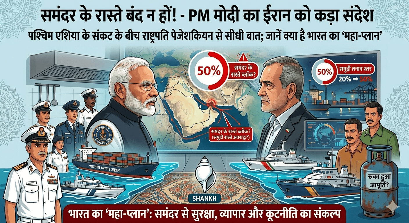 PM मोदी का ईरान को कड़ा संदेश: “मिसाइलें गिरती रहें, पर समंदर के रास्ते बंद न हों!” पश्चिम एशिया के संकट के बीच राष्ट्रपति पेजेशकियन से सीधी बात; जानें क्या है भारत का ‘महा-प्लान’