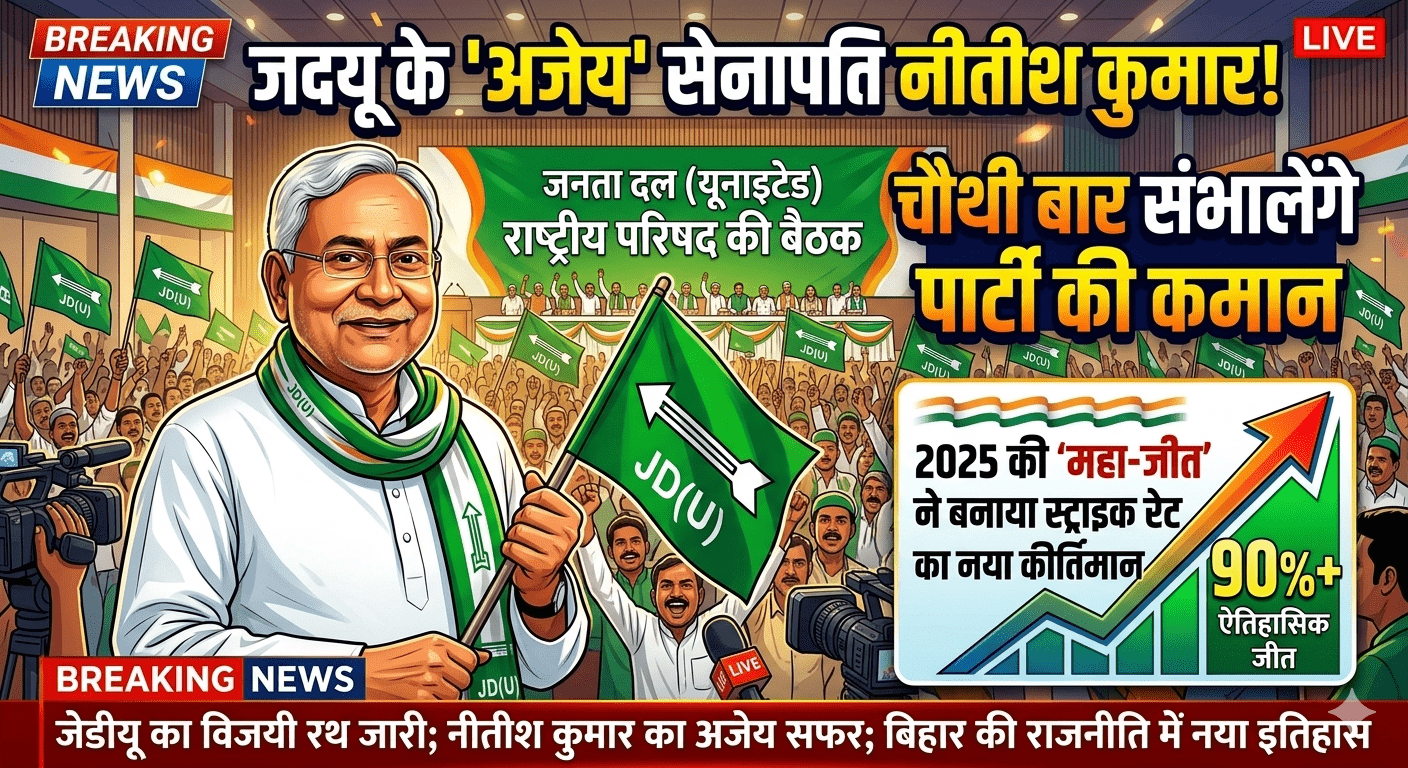 जदयू के ‘अजेय’ सेनापति नीतीश कुमार! चौथी बार संभालेंगे पार्टी की कमान; 2025 की ‘महा-जीत’ ने बनाया स्ट्राइक रेट का नया कीर्तिमान