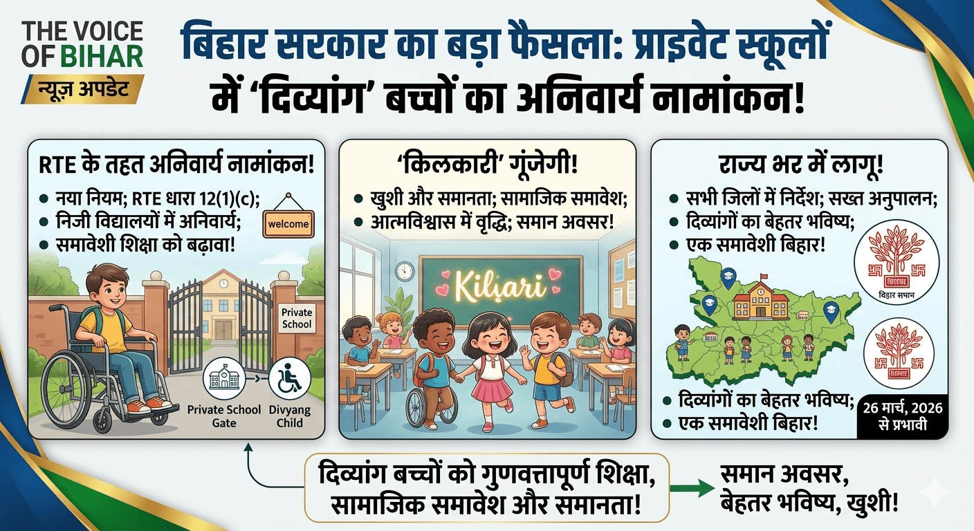 अब प्राइवेट स्कूलों में भी गूंजेगी ‘दिव्यांग’ बच्चों की किलकारी! बिहार सरकार का बड़ा फैसला— RTE के तहत निजी विद्यालयों में मिलेगा अनिवार्य नामांकन; ACS डॉ. बी. राजेंद्र ने गठित की हाई-लेवल कमेटी