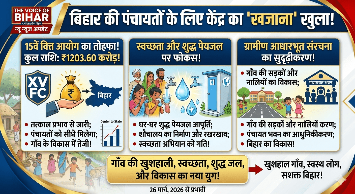 बिहार की पंचायतों के लिए केंद्र का ‘खजाना’ खुला! 15वें वित्त आयोग ने जारी किए 1203.60 करोड़ रुपये; गांवों में स्वच्छता और शुद्ध पेयजल की बढ़ेगी रफ्तार