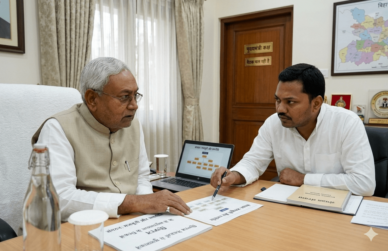 मुख्यमंत्री नीतीश कुमार और पुत्र निशांत के बीच 'बंद कमरे' में लंबी मंत्रणा! संगठन की मजबूती पर जोर; दिग्गज नेताओं से मुलाकात के बाद गरमाई बिहार की सियासत 2 मुख्यमंत्री नीतीश कुमार और पुत्र निशांत के बीच 'बंद कमरे' में लंबी मंत्रणा! संगठन की मजबूती पर जोर; दिग्गज नेताओं से मुलाकात के बाद गरमाई बिहार की सियासत