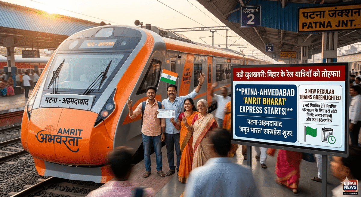 बिहार के रेल यात्रियों के लिए बड़ी खुशखबरी! पटना-अहमदाबाद 'अमृत भारत' समेत 3 नई नियमित ट्रेनों को मिली हरी झंडी; देखें समय-सारणी और रूट डिटेल्स 1 बिहार के रेल यात्रियों के लिए बड़ी खुशखबरी! पटना-अहमदाबाद 'अमृत भारत' समेत 3 नई नियमित ट्रेनों को मिली हरी झंडी; देखें समय-सारणी और रूट डिटेल्स