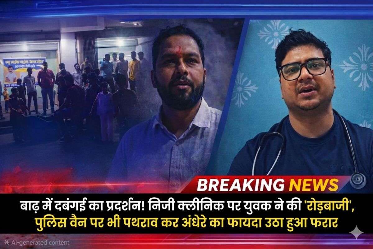 बाढ़ में दबंगई का प्रदर्शन! निजी क्लीनिक पर युवक ने की 'रोड़बाजी', पुलिस वैन पर भी पथराव कर अंधेरे का फायदा उठा हुआ फरार