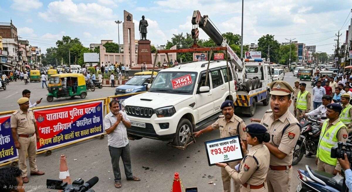 पटना के कारगिल चौक पर ट्रैफिक पुलिस का ‘महा-अभियान’! 93,500 रुपये का चालान बकाया देख अधिकारी भी दंग; 20 बार नियम तोड़ने वाली गाड़ी आखिरकार जब्त, फिटनेस और डीएल के बिना सड़क पर दौड़ रही थी ‘मौत’