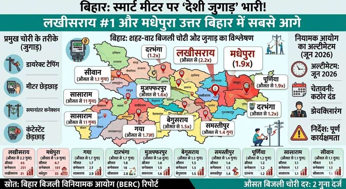 ‘स्मार्ट’ प्रीपेड मीटर पर भारी पड़ा ‘देशी’ जुगाड़! बिहार के 10 शहरों में औसत से दोगुनी बिजली चोरी; लखीसराय नंबर-1 तो मधेपुरा ने उत्तर बिहार को पछाड़ा; विनियामक आयोग ने कंपनियों को दिया जून 2026 का अल्टीमेटम
