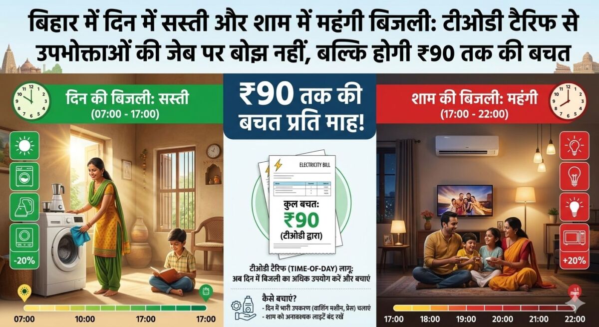 बिहार में अब दिन में सस्ती और शाम में महंगी बिजली: टीओडी टैरिफ से उपभोक्ताओं की जेब पर बोझ नहीं, बल्कि होगी ₹90 तक की बचत 1 बिहार में अब दिन में सस्ती और शाम में महंगी बिजली: टीओडी टैरिफ से उपभोक्ताओं की जेब पर बोझ नहीं, बल्कि होगी ₹90 तक की बचत