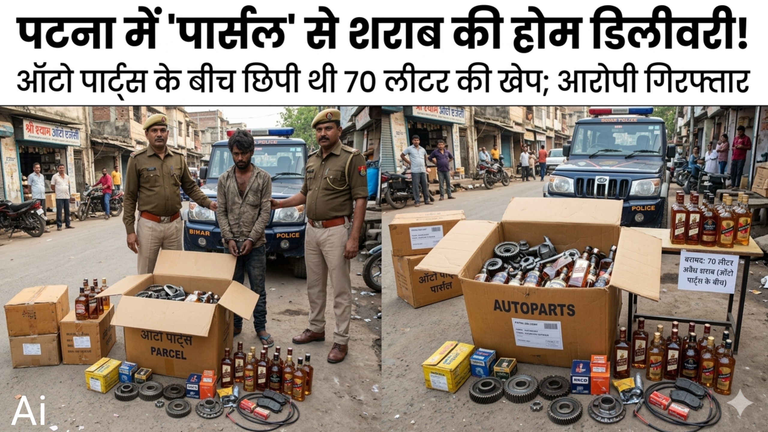 पटना में ‘पार्सल’ से शराब की होम डिलीवरी! ऑटो पार्ट्स के बीच छिपी थी 70 लीटर खेप