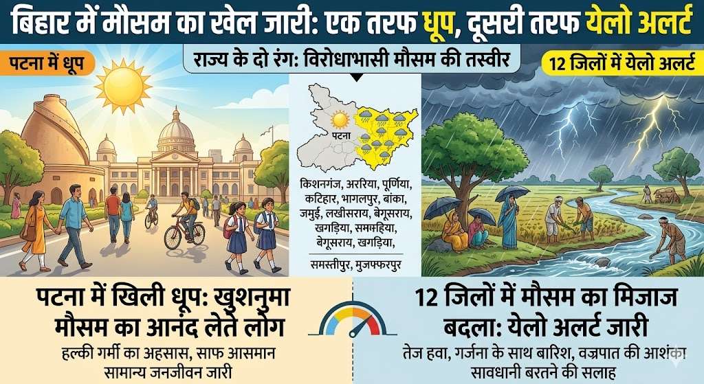 बिहार में मौसम का खेल जारी: 12 जिलों में येलो अलर्ट, पटना में धूप 1 बिहार में मौसम का खेल जारी: 12 जिलों में येलो अलर्ट, पटना में धूप