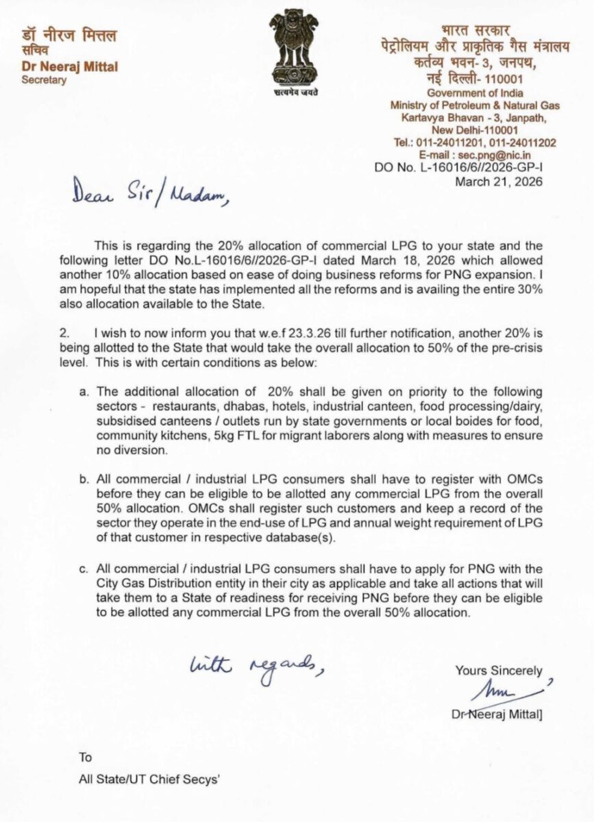 होटल, ढाबों और छोटे उद्योगों को बड़ी राहत! केंद्र ने कमर्शियल LPG का कोटा बढ़ाकर किया 50%; सचिव डॉ. नीरज मित्तल का राज्यों को 'स्पेशल लेटर'