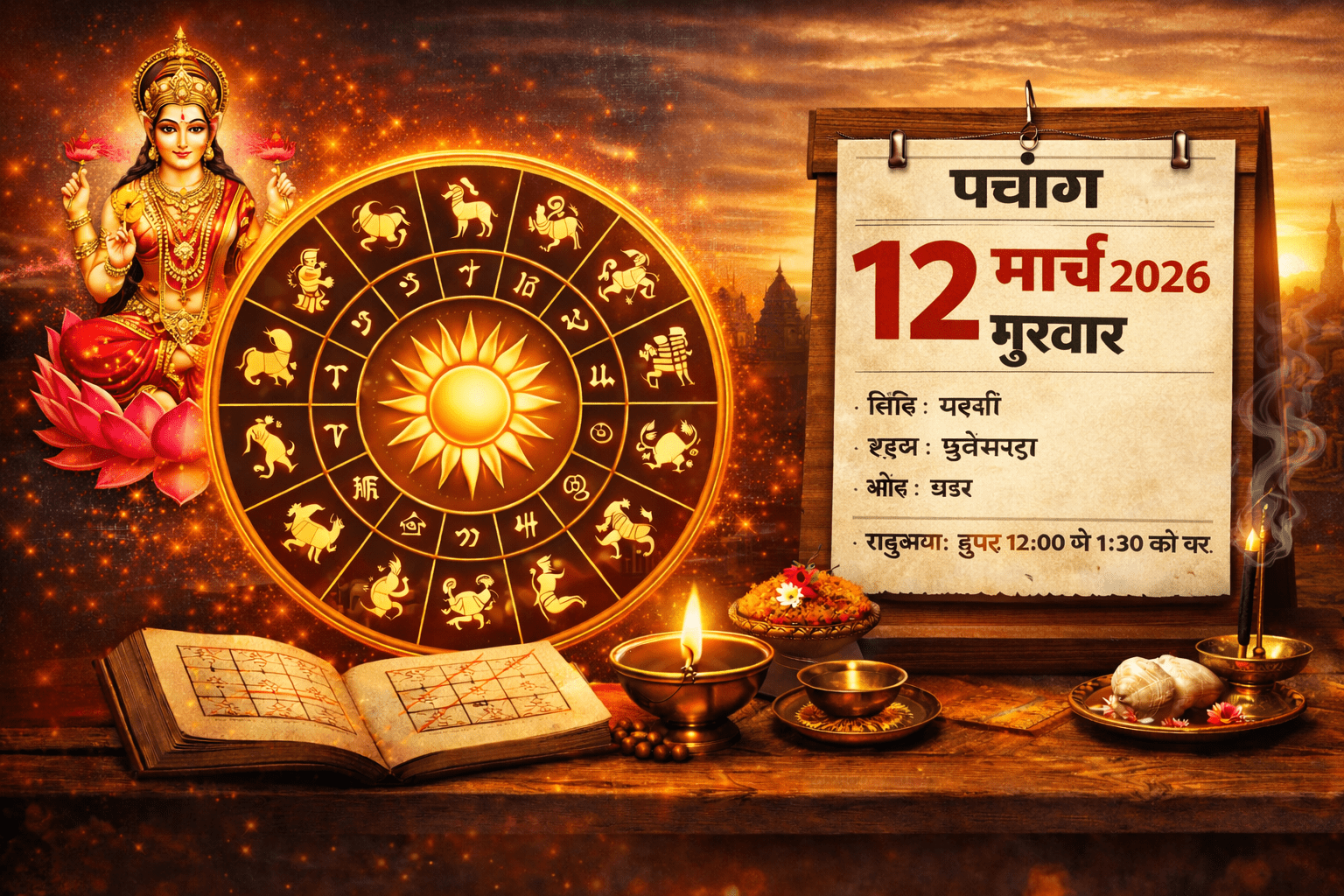 आज का राशिफल और पंचांग: 12 मार्च 2026, गुरुवार — जानें सभी 12 राशियों का हाल, शुभ रंग और शुभ अंक