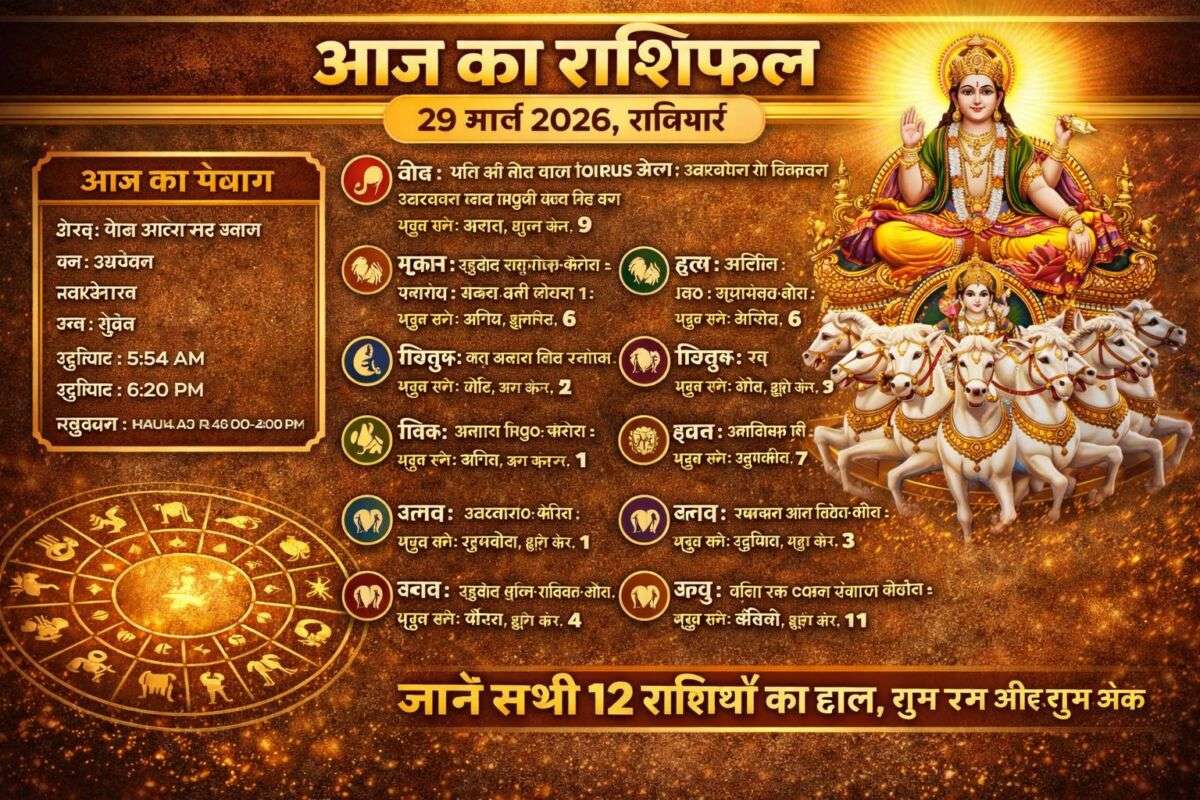 आज का राशिफल और पंचांग: 29 मार्च 2026, रविवार — जानें सभी 12 राशियों का हाल, शुभ रंग और शुभ अंक