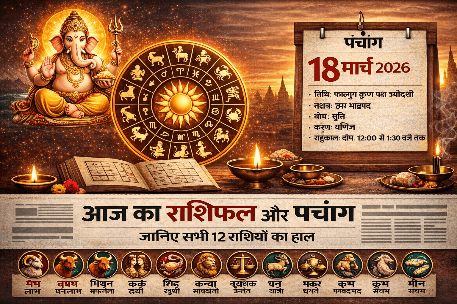 आज का राशिफल और पंचांग: 18 मार्च 2026, बुधवार — जानें सभी 12 राशियों का हाल, शुभ रंग और शुभ अंक