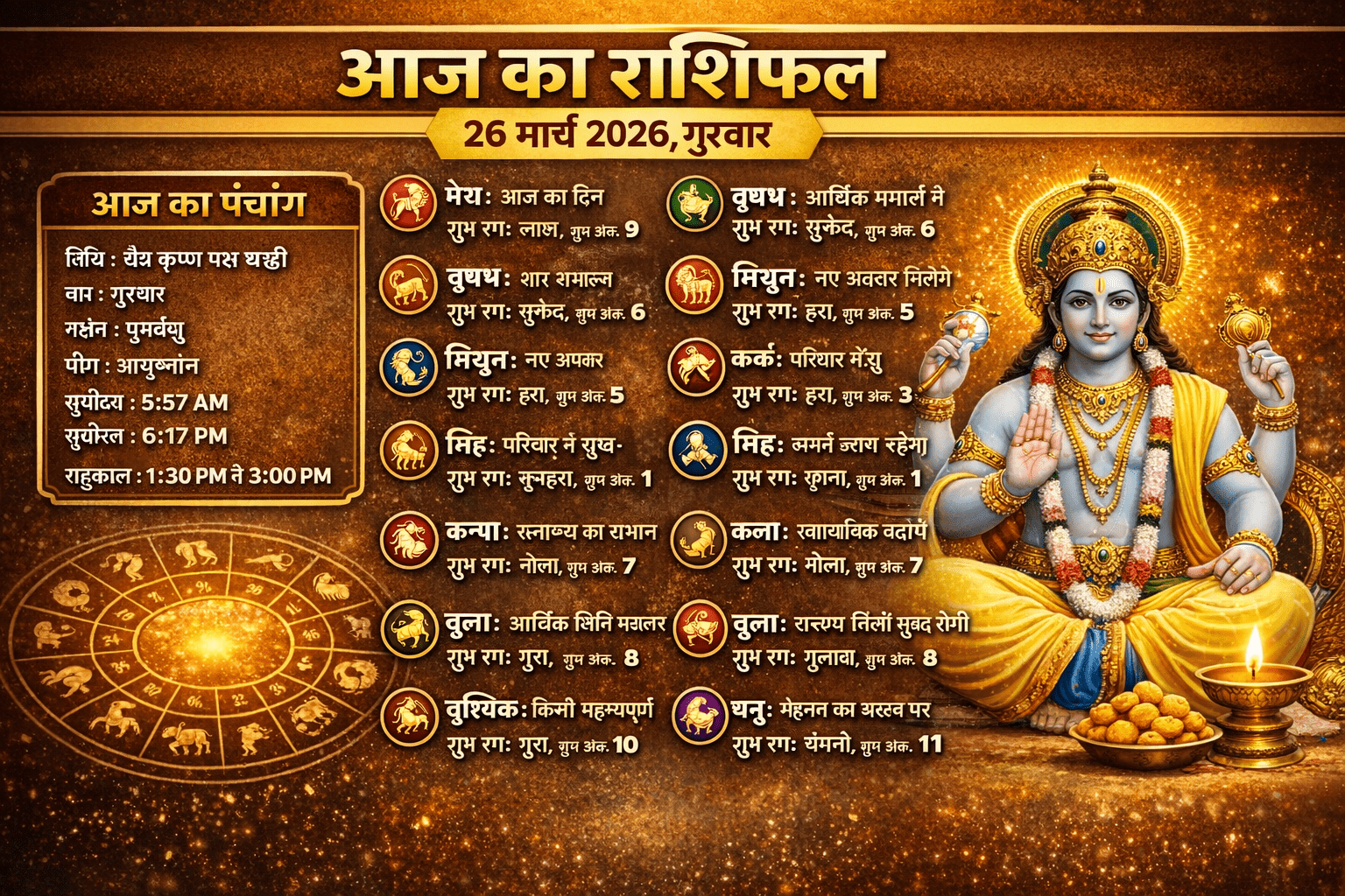 आज का राशिफल और पंचांग: 26 मार्च 2026, गुरुवार — जानें सभी 12 राशियों का हाल, शुभ रंग और शुभ अंक