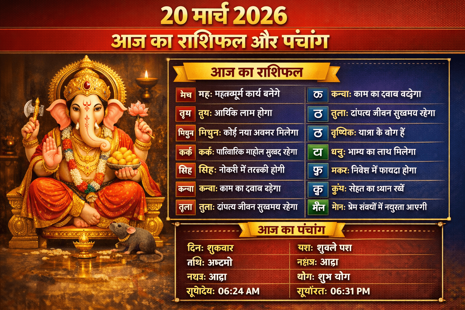 आज का राशिफल और पंचांग: 20 मार्च 2026, शुक्रवार — जानें सभी 12 राशियों का हाल, शुभ रंग और शुभ अंक